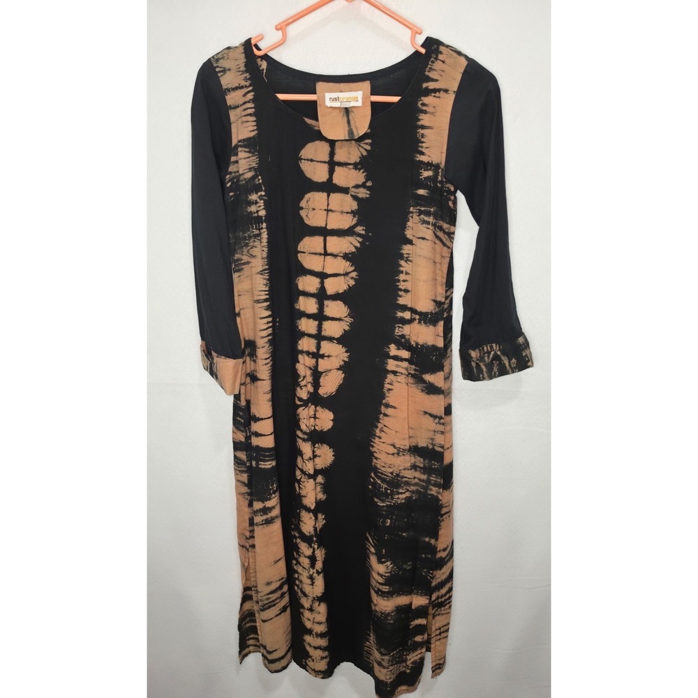 Rustorange Black Tan Tie Dye Shibori Midi Dress Long Sleeve Small